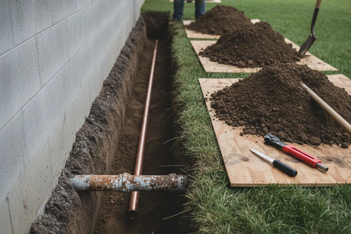 Excavated water line trench during Sewer Line Repair in Roselle